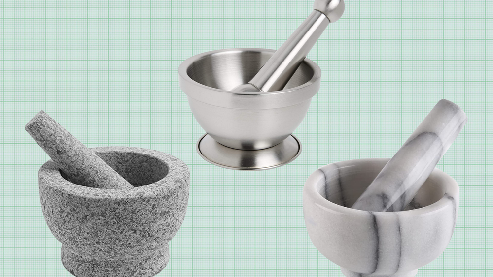 Three mortar and pestle sets against a blue graph paper background. Best mortar and pestle lead image.