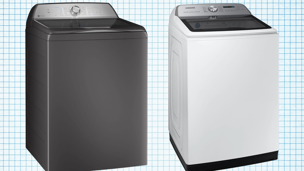 GE PTW600BSRWS Top-Load Washer and Samsung WA51A5505AW ActiveWave Top-Load Washer against a blue-on-white graph paper background. Lead image for best top load washer
