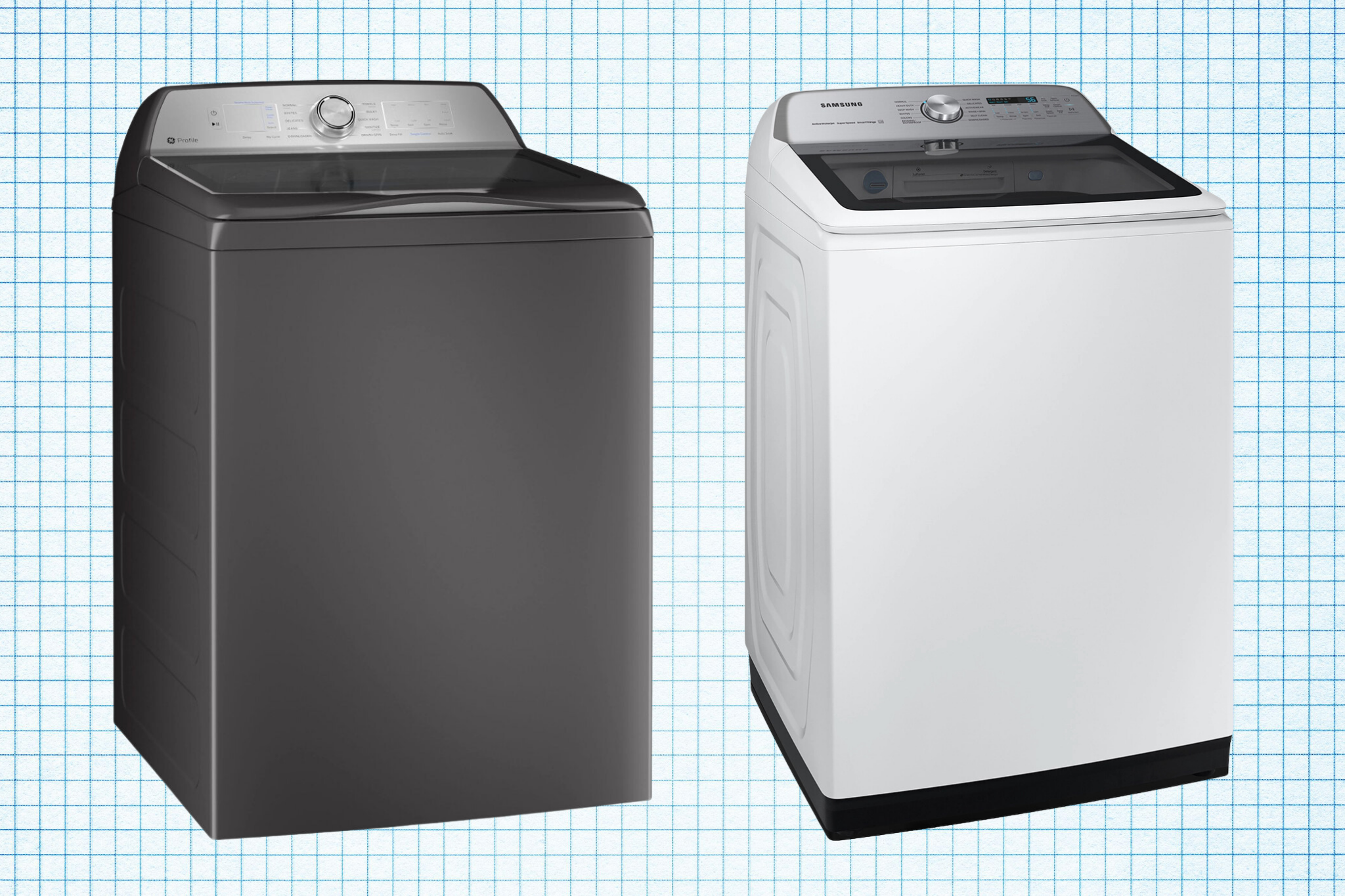 GE PTW600BSRWS Top-Load Washer and Samsung WA51A5505AW ActiveWave Top-Load Washer against a blue-on-white graph paper background. Lead image for best top load washer