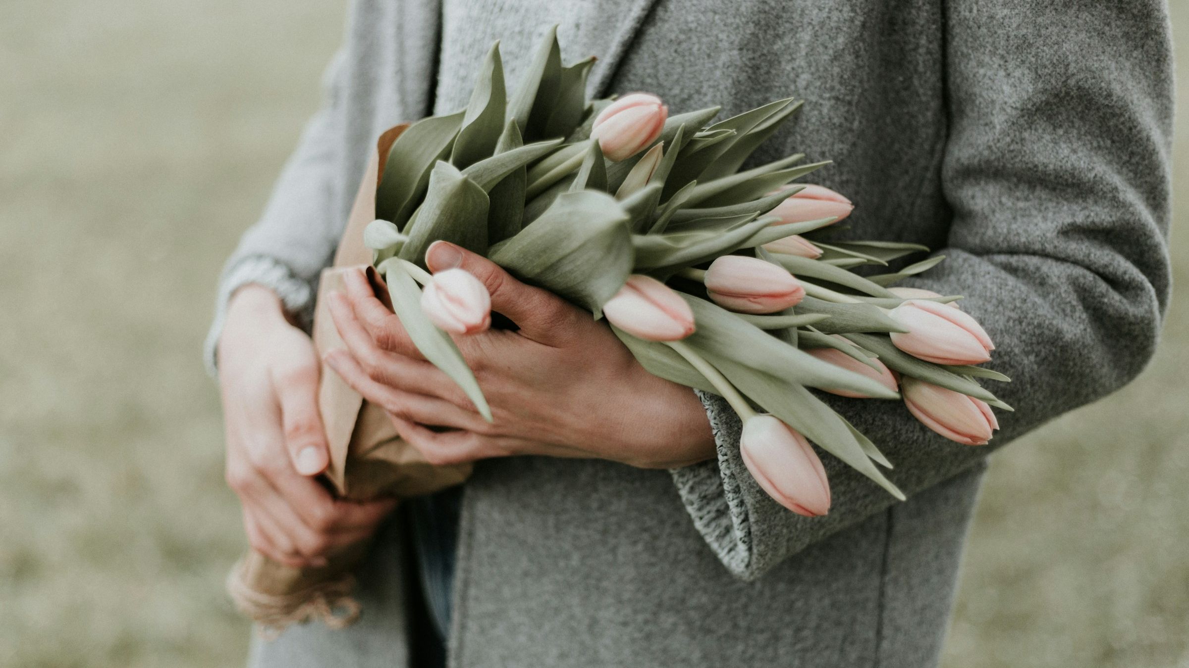 Close-up of a woman's hands holding a bouquet of light pink tulips against her light gray sweater.