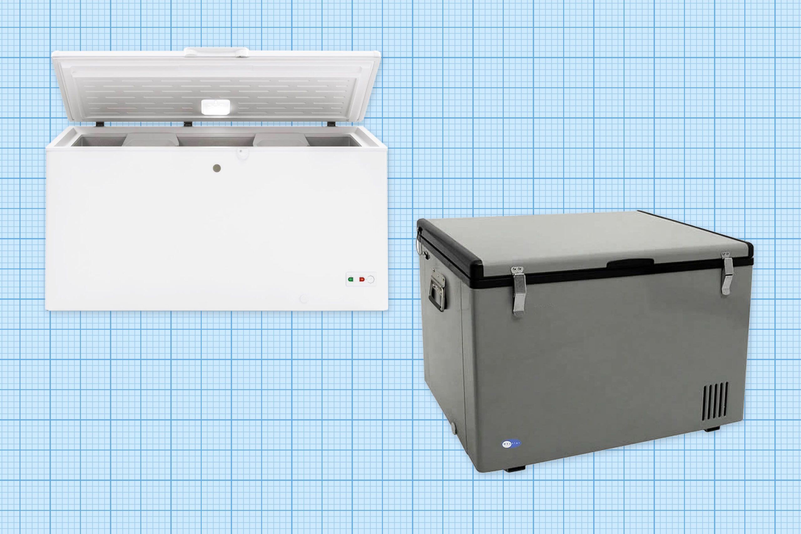 White and gray chest freezers against a blue graph paper background. Lead image for best chest freezers guide.
