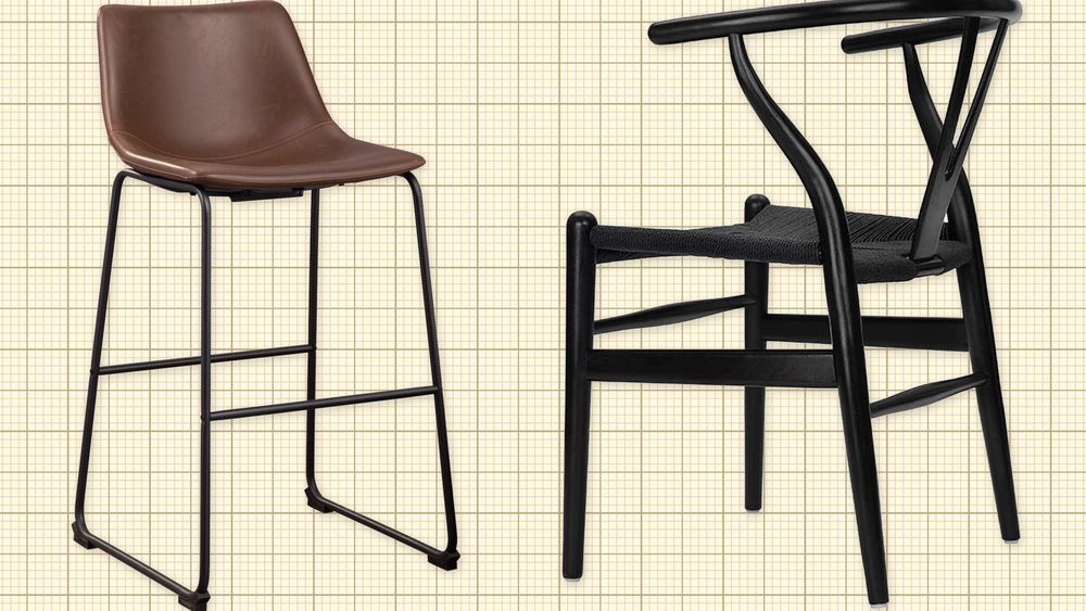 A brown leather dining chair and a black wood and wicker dining chair against a yellow graph paper background. Lead image for Best Dining Chairs guide.