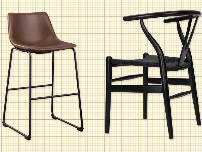 A brown leather dining chair and a black wood and wicker dining chair against a yellow graph paper background. Lead image for Best Dining Chairs guide.