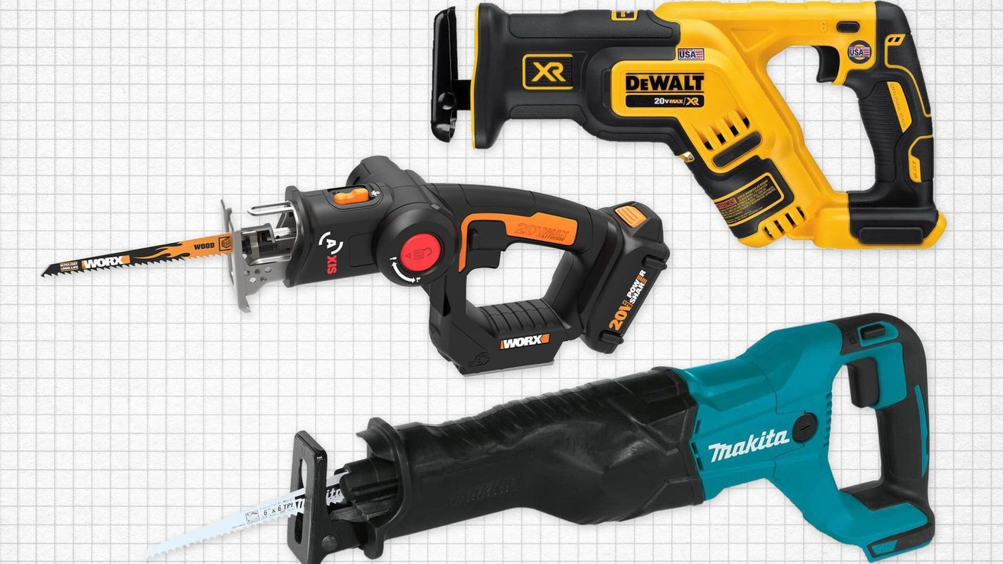 Dewalt XR reciprocating saw, WORX 20V reciprocating saw, and Makita reciprocating saw against a grey graph paper background. Lead image for best reciprocating saw guide