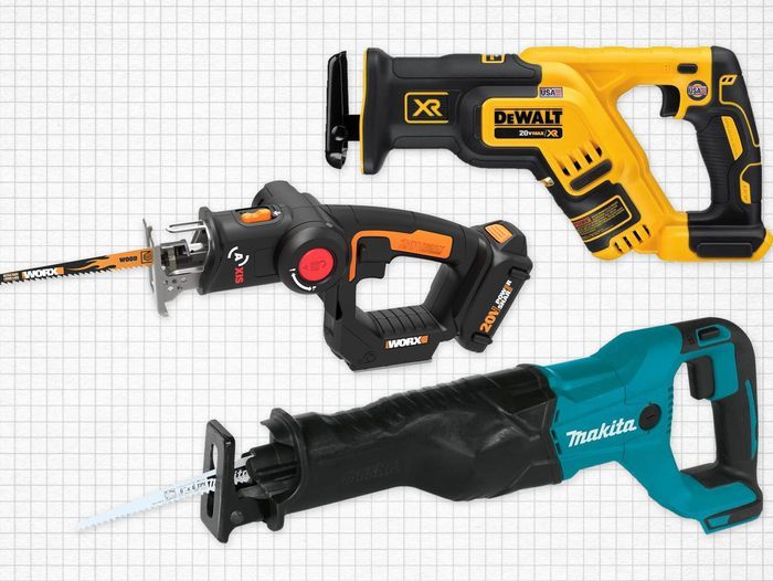 Dewalt XR reciprocating saw, WORX 20V reciprocating saw, and Makita reciprocating saw against a grey graph paper background. Lead image for best reciprocating saw guide