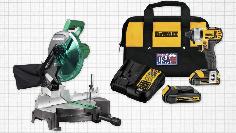 Dewalt 20V Max impact driver kit and Metabo circular table against a grey graph paper background. Lead image for best tools guide.