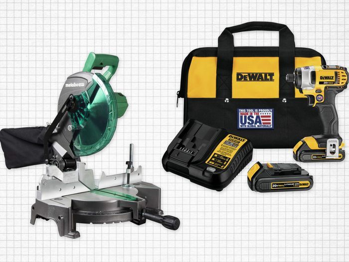 Dewalt 20V Max impact driver kit and Metabo circular table against a grey graph paper background. Lead image for best tools guide.