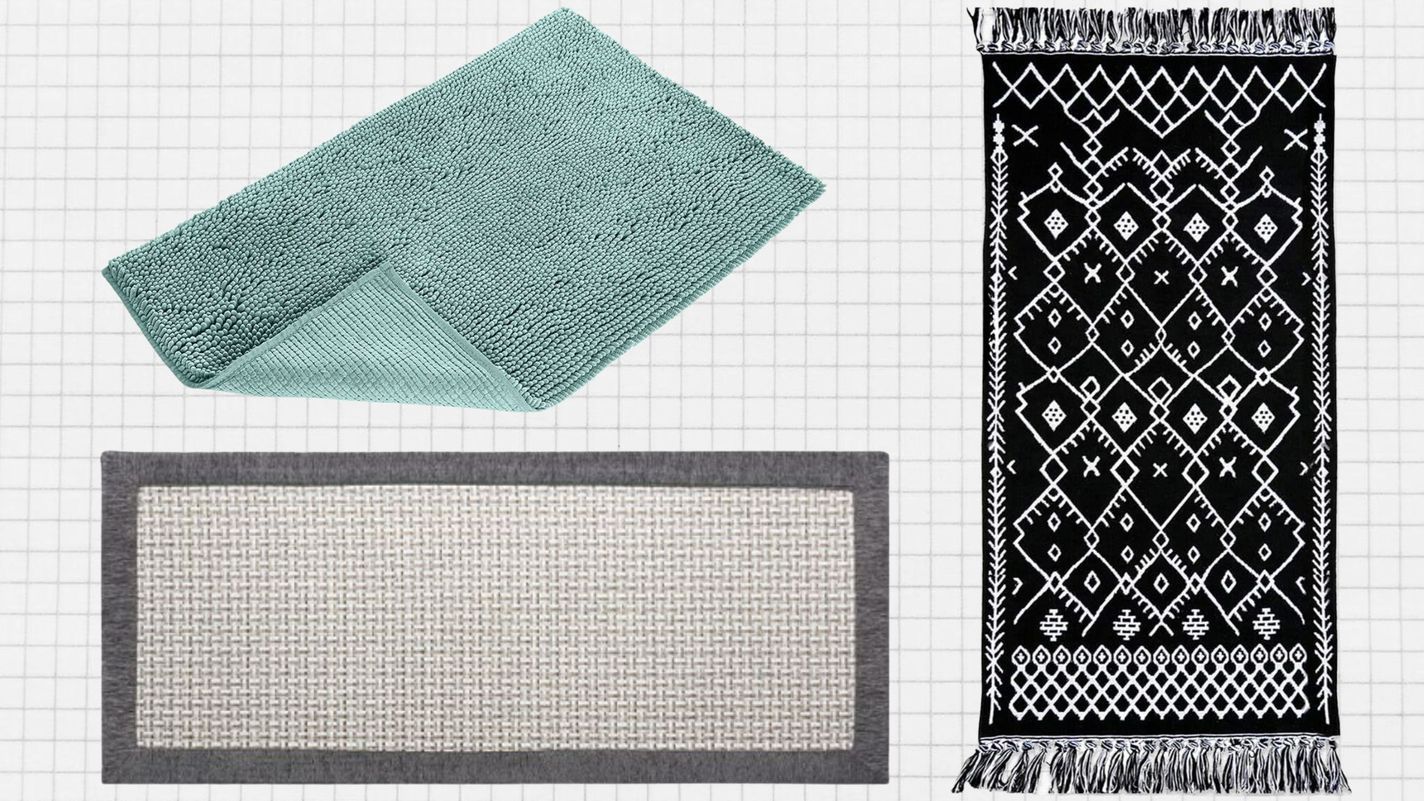 Best washable rug lead image - Amazon Basics Microfiber Shag Rug Mat, AMOAMI Kitchen Rug, and EARTHALL Boho Runner Rug against a gray graph paper background