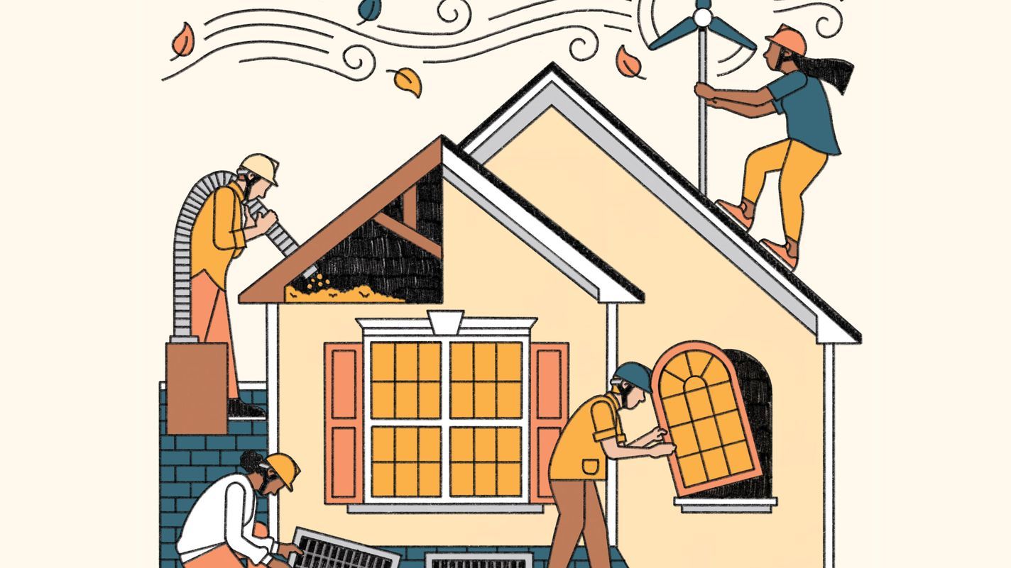 Illustration of people working on a house