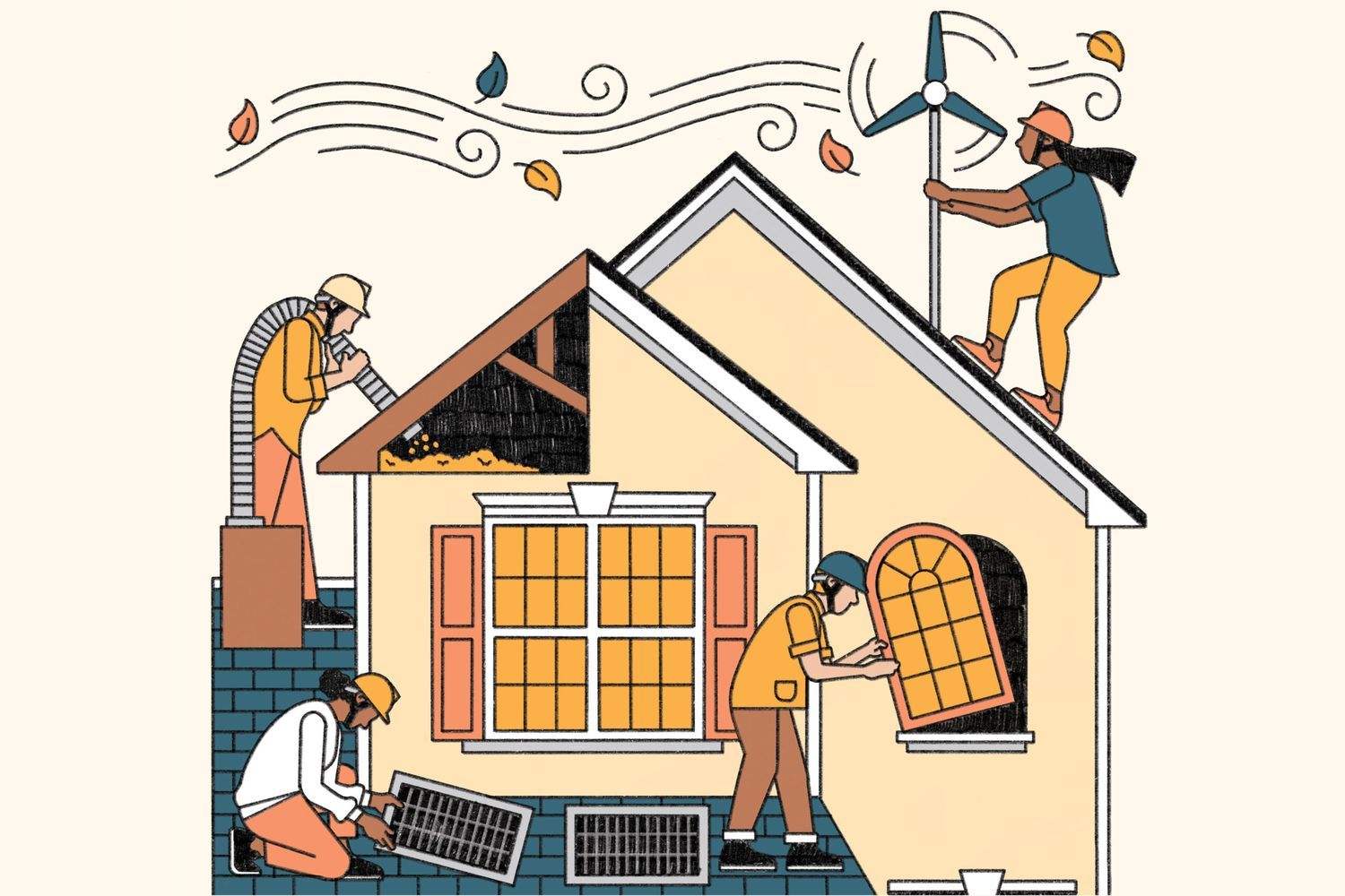 Illustration of people working on a house