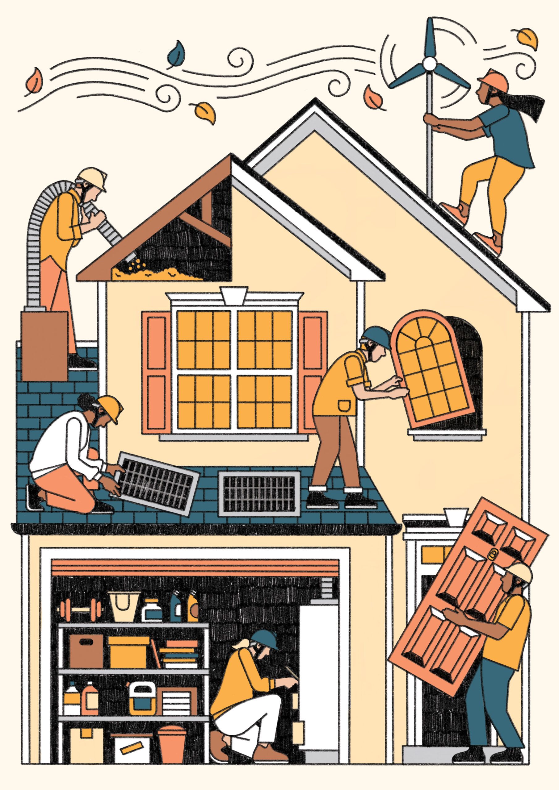 Illustration of people working on a house