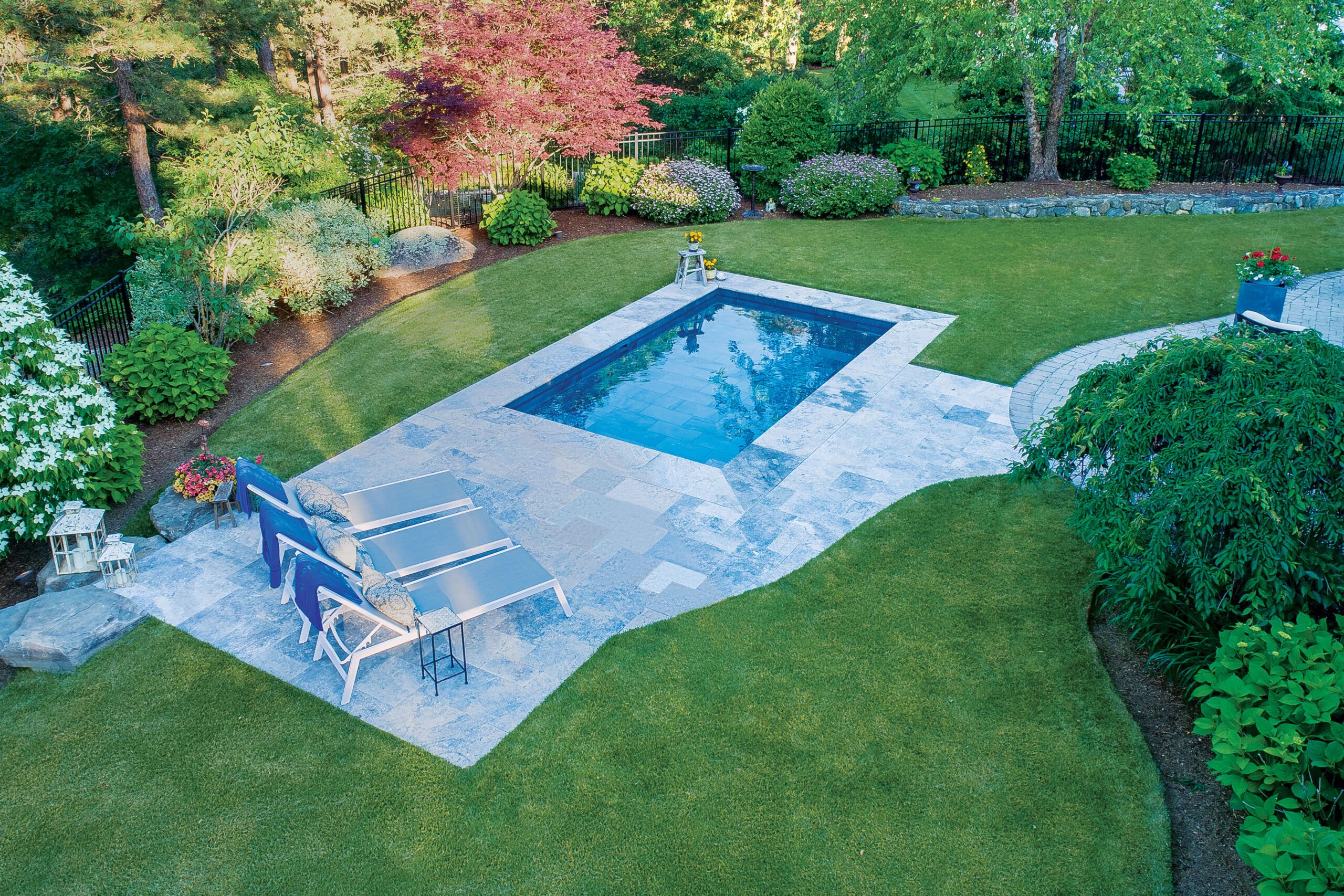 Backyard plunge pool with lounge chairs 