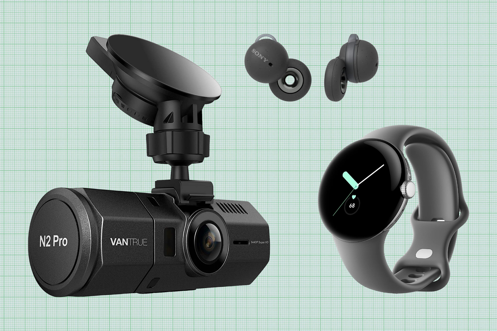 Vantrue N2 Pro Dual Dash Cam, Google Pixel smartwatch, and Sony LinkBuds Truly Wireless Earbuds against a green graph paper background; lead image for Best Prime Day Tech Deals