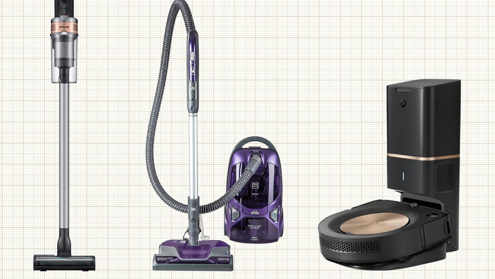 Samsung Jet 75 Pet cordless stick vacuum, Kenmore 600 cannister vacuum, and iRobot roomba vacuum against a tan grid paper background; lead image for Prime Day Vacuum Deals