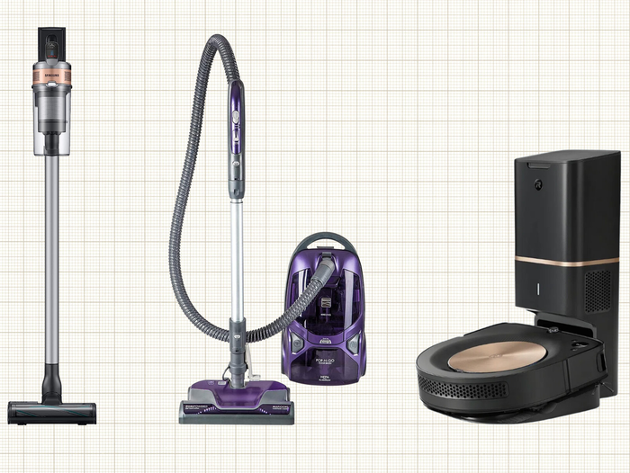 Samsung Jet 75 Pet cordless stick vacuum, Kenmore 600 cannister vacuum, and iRobot roomba vacuum against a tan grid paper background; lead image for Prime Day Vacuum Deals