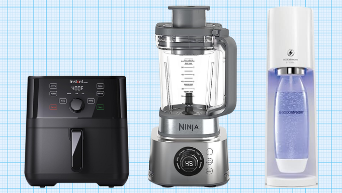 An image showcases three kitchen appliances on a blue grid background: a sleek black digital air fryer, a modern silver blender with a clear pitcher, and a streamlined white soda maker with a bottle in place.