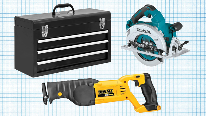 A black toolbox, Makita cordless circular saw, and DEWALT reciprocatig saw against a blue graph paper background. Lead image for Best Labor Day Tool Sales Guide.