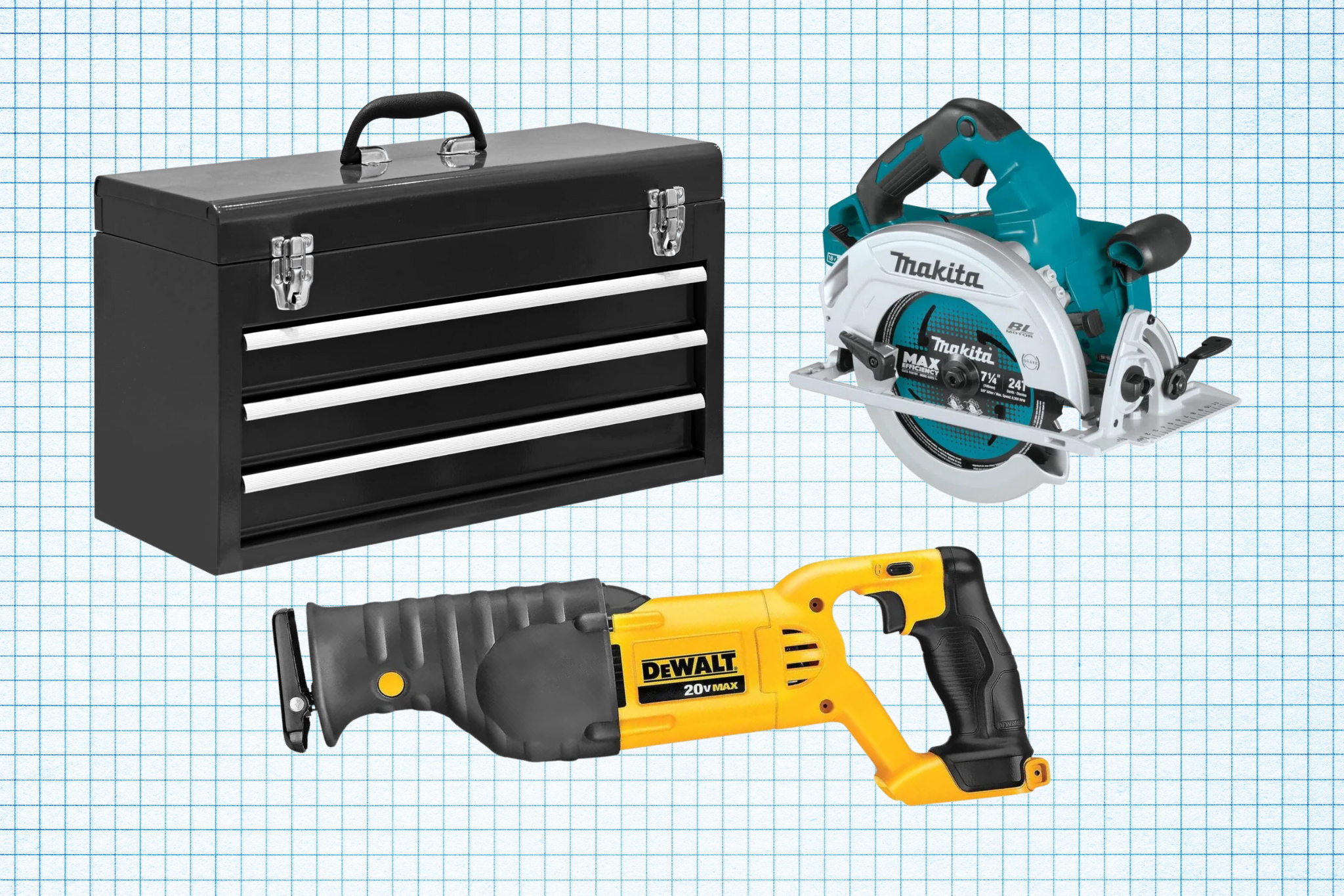 A black toolbox, Makita cordless circular saw, and DEWALT reciprocatig saw against a blue graph paper background. Lead image for Best Labor Day Tool Sales Guide.