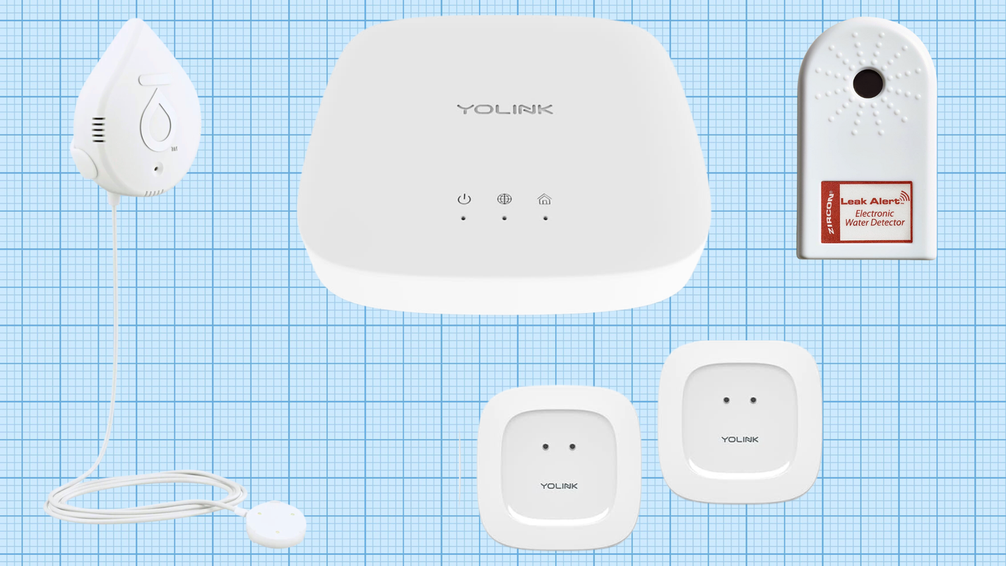 Moen, YoLink, and Zircan water leak detectors against a blue graph paper background. Lead image for the Best Water Leak Detector guide.