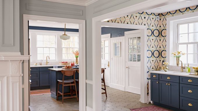 Kitchen with multiple doorways displaying casing