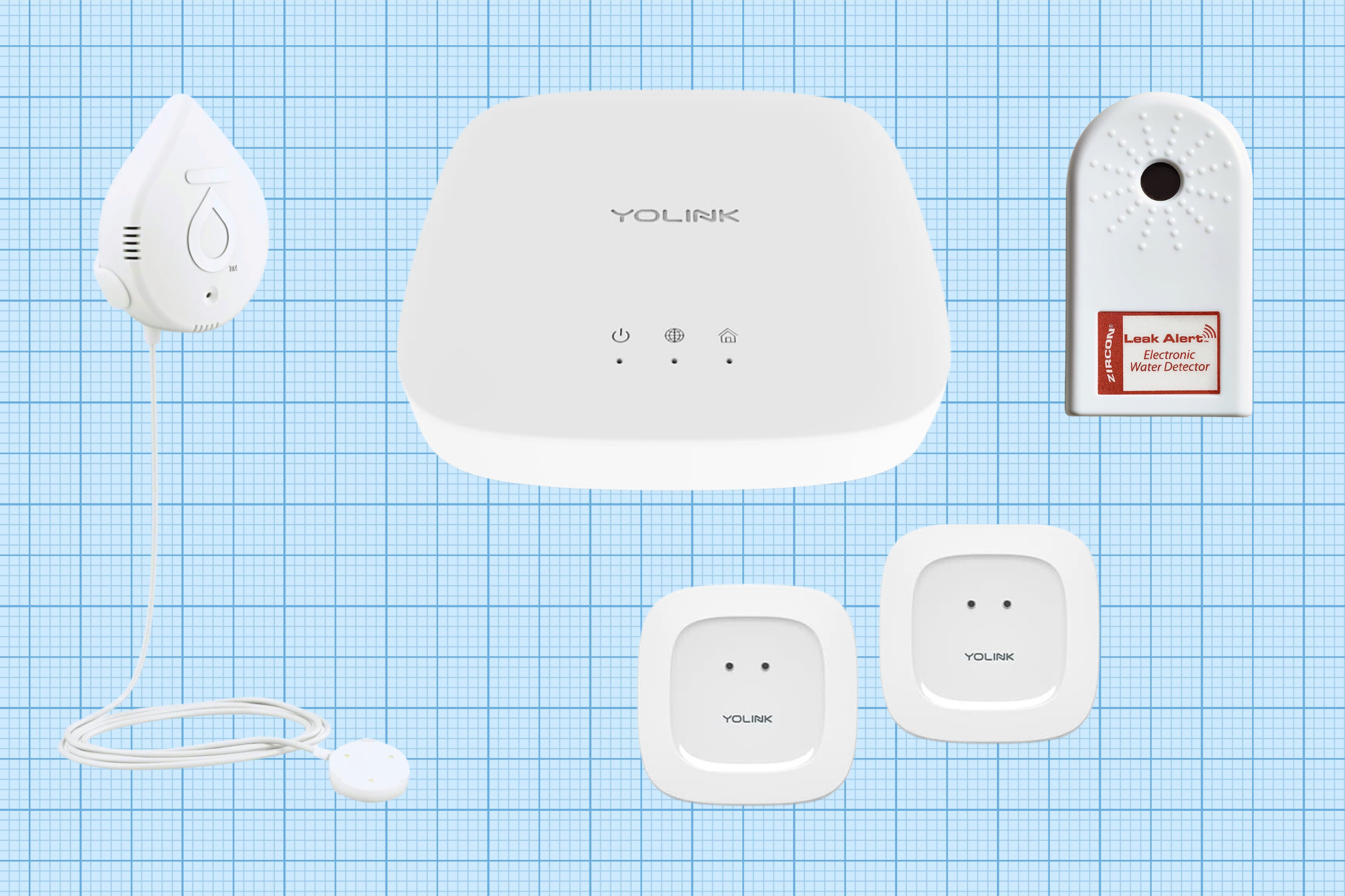 Moen, YoLink, and Zircan water leak detectors against a blue graph paper background. Lead image for the Best Water Leak Detector guide.