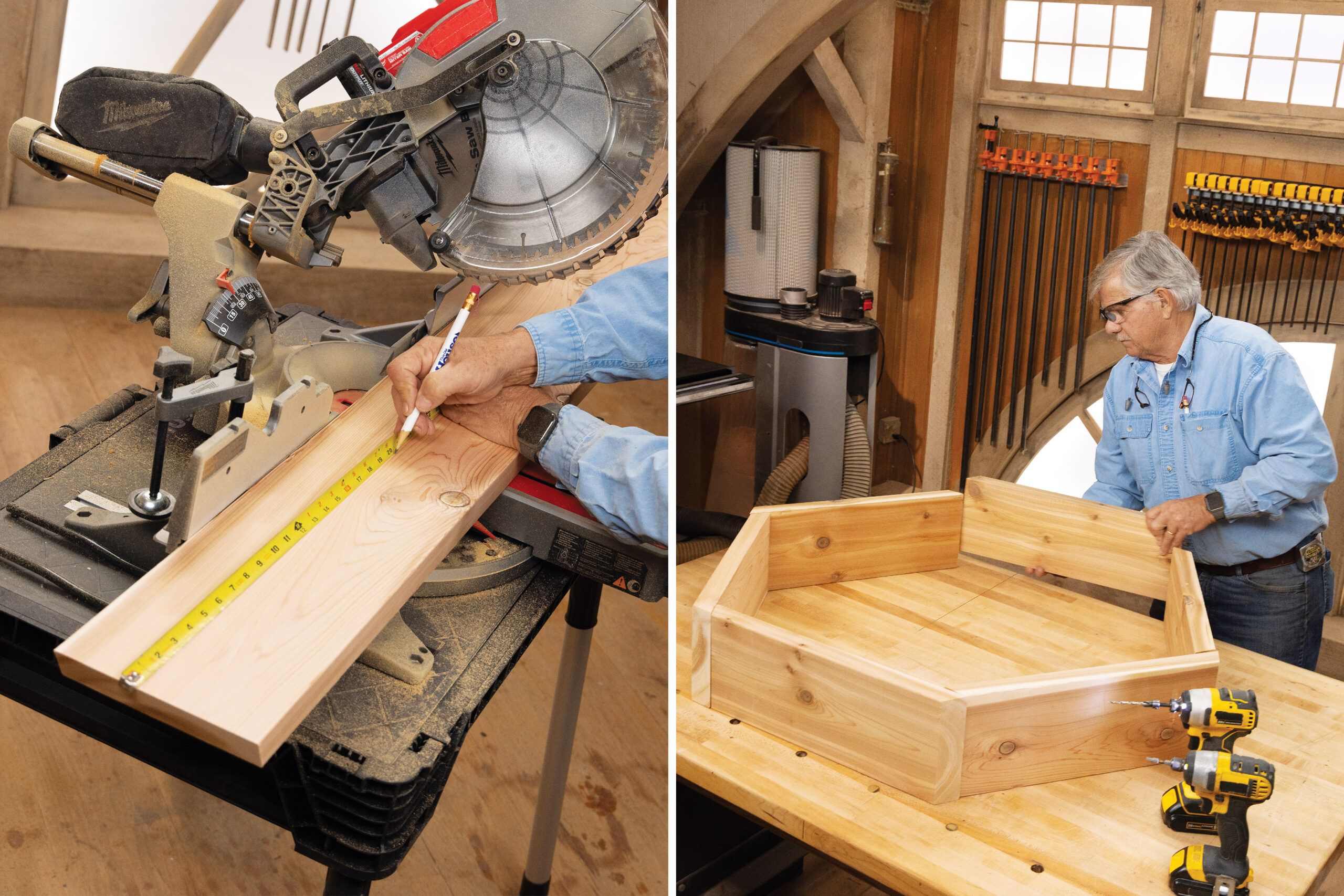 measuring a piece of wood in preparation for a cut with a saw