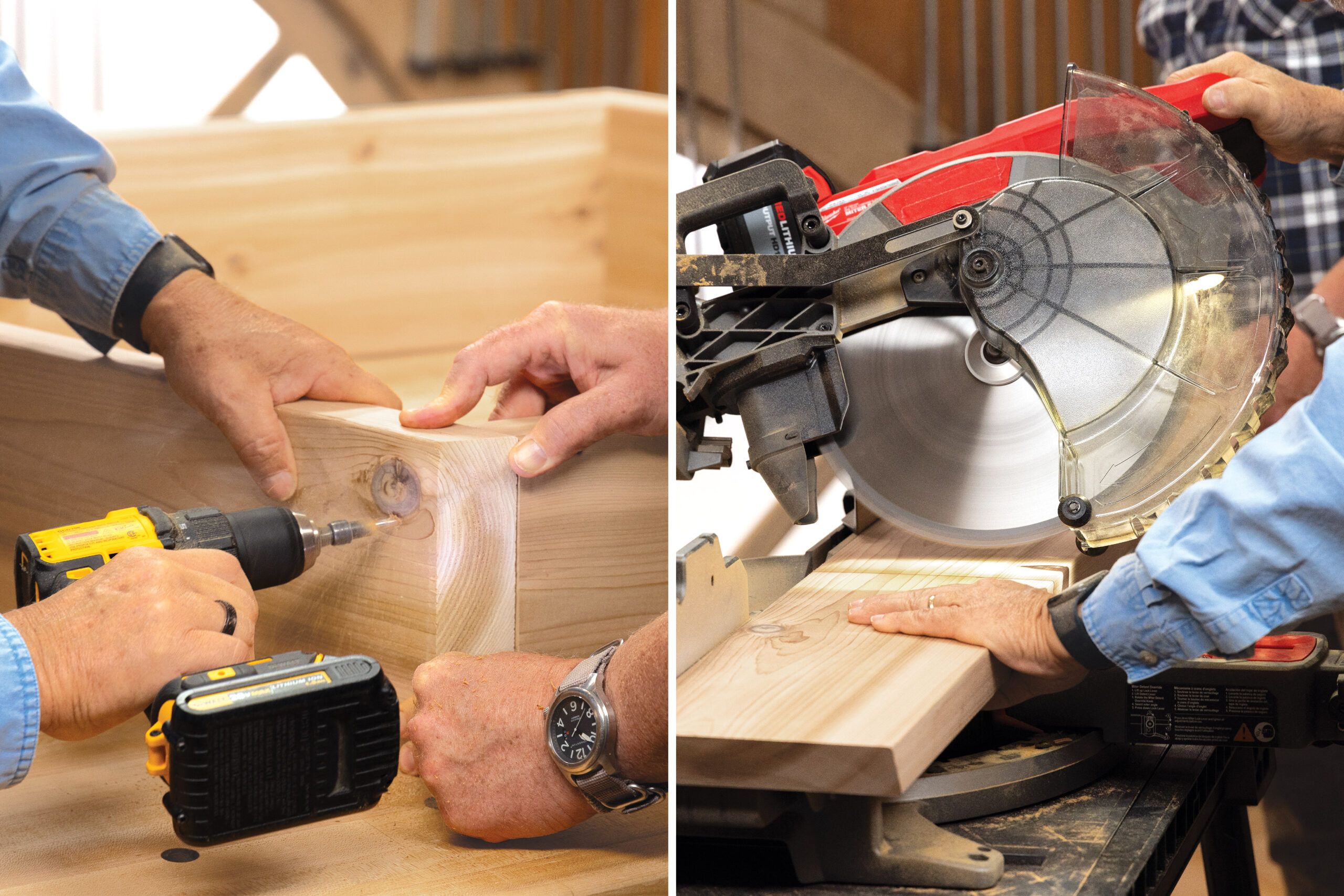 attaching the sides of a hexagon herb planter with a drill and cutting pieces of it with a saw