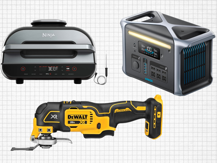 Ninja Foodi Smart XL 6-in-1 Indoor Grill, Anker SOLIX Portable Power Station, and DEWALT 20V MAX XR Multi-Tool isolated on a tan grid paper background