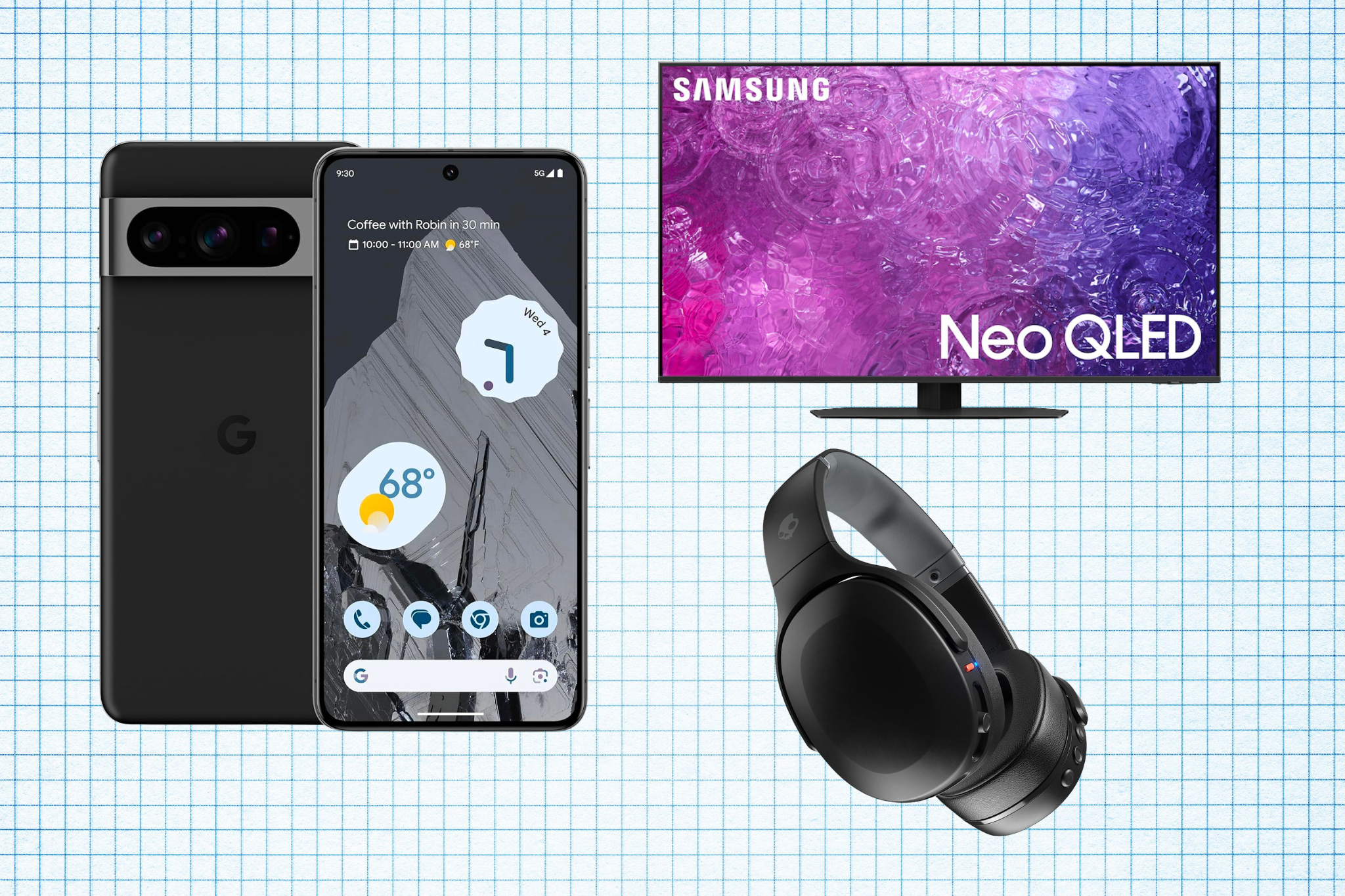 Skullcandy Crusher Evo Over-Ear Wireless Headphones, 50" Class Samsung Neo QLED 4K TV, and Google Pixel 8 Pro Unlocked Android Smartphone isolated on a blue grid paper background.