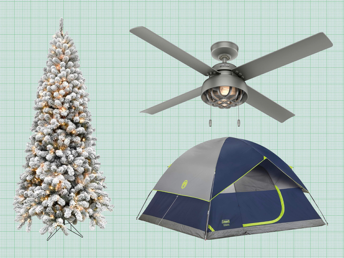 Fraser Hill Farm 7.5-Ft. Alaskan Pine Flocked Tree, Hunter 52-Inch Spring Mill Ceiling Fan, and Coleman Sundome Camping Tent isolated on a green grid paper background