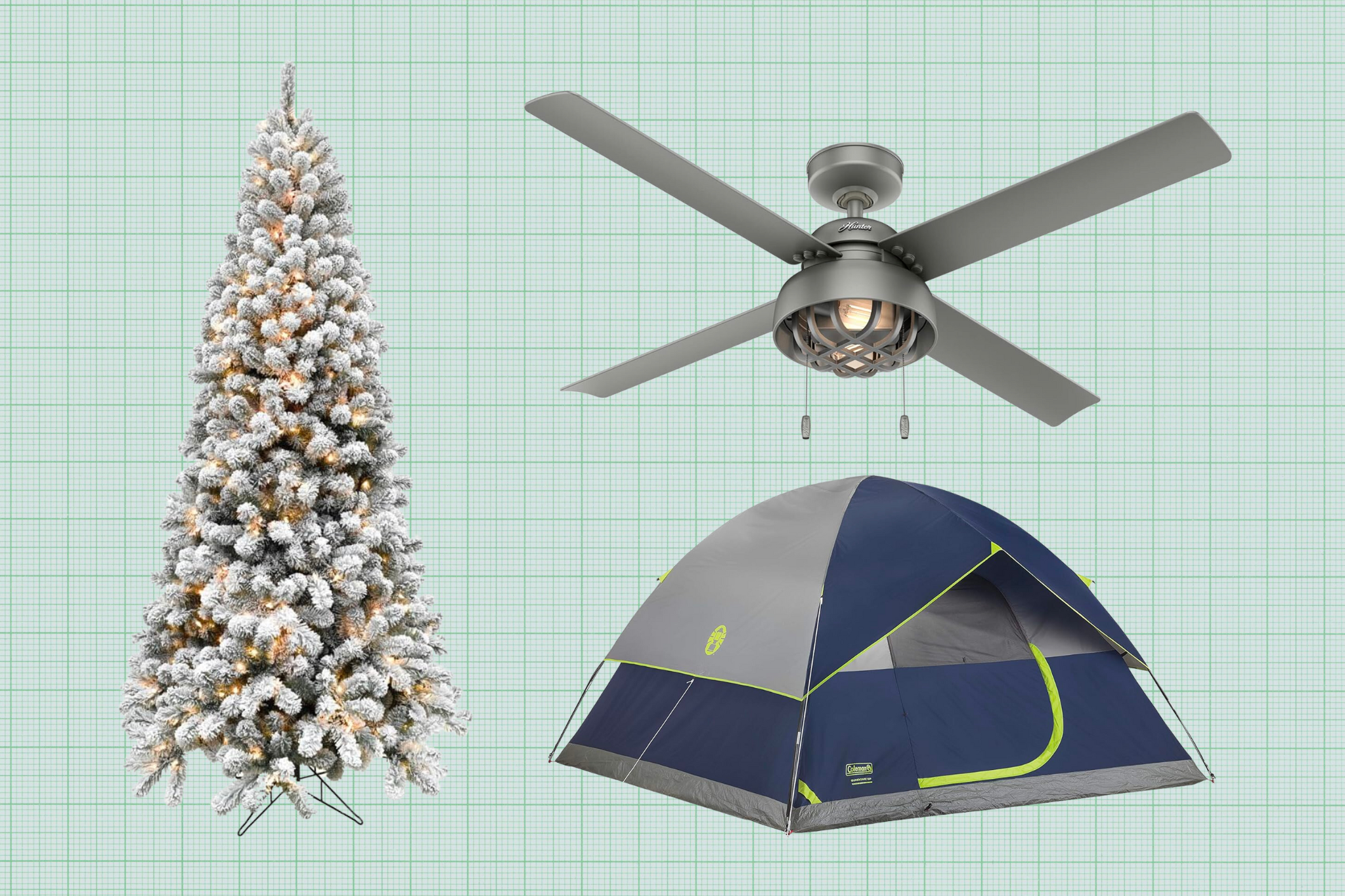 Fraser Hill Farm 7.5-Ft. Alaskan Pine Flocked Tree, Hunter 52-Inch Spring Mill Ceiling Fan, and Coleman Sundome Camping Tent isolated on a green grid paper background