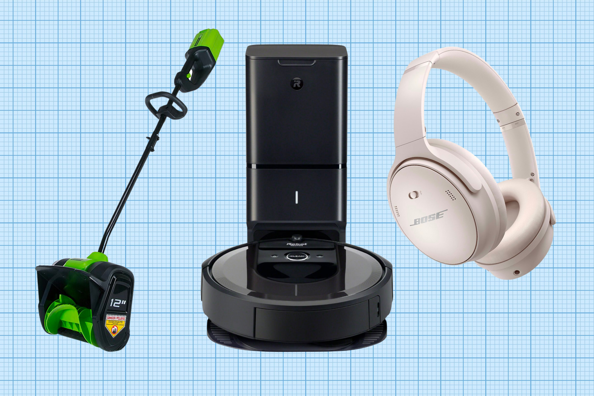 Greenworks 80V 12” Cordless Snow Shovel, iRobot Roomba i7+ Robot Vacuum, and Bose QuietComfort Wireless Noise-Canceling Headphones isolated on a blue grid paper background