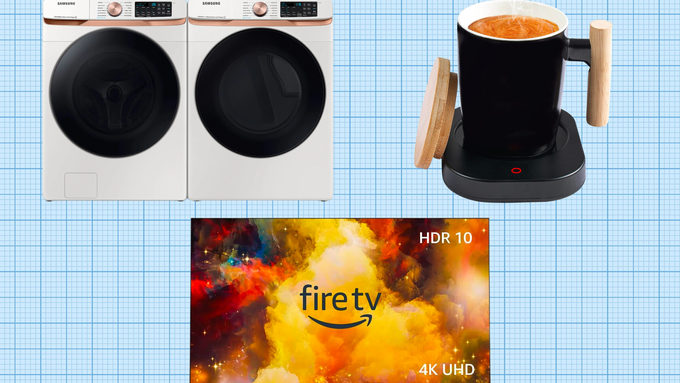 Samsung Smart Front Load Washer and Smart Gas Dryer, HOWAY Coffee Cup Warmer, and Amazon Fire TV 75" isolated on a blue grid paper background.