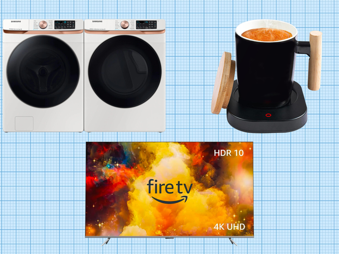 Samsung Smart Front Load Washer and Smart Gas Dryer, HOWAY Coffee Cup Warmer, and Amazon Fire TV 75" isolated on a blue grid paper background.