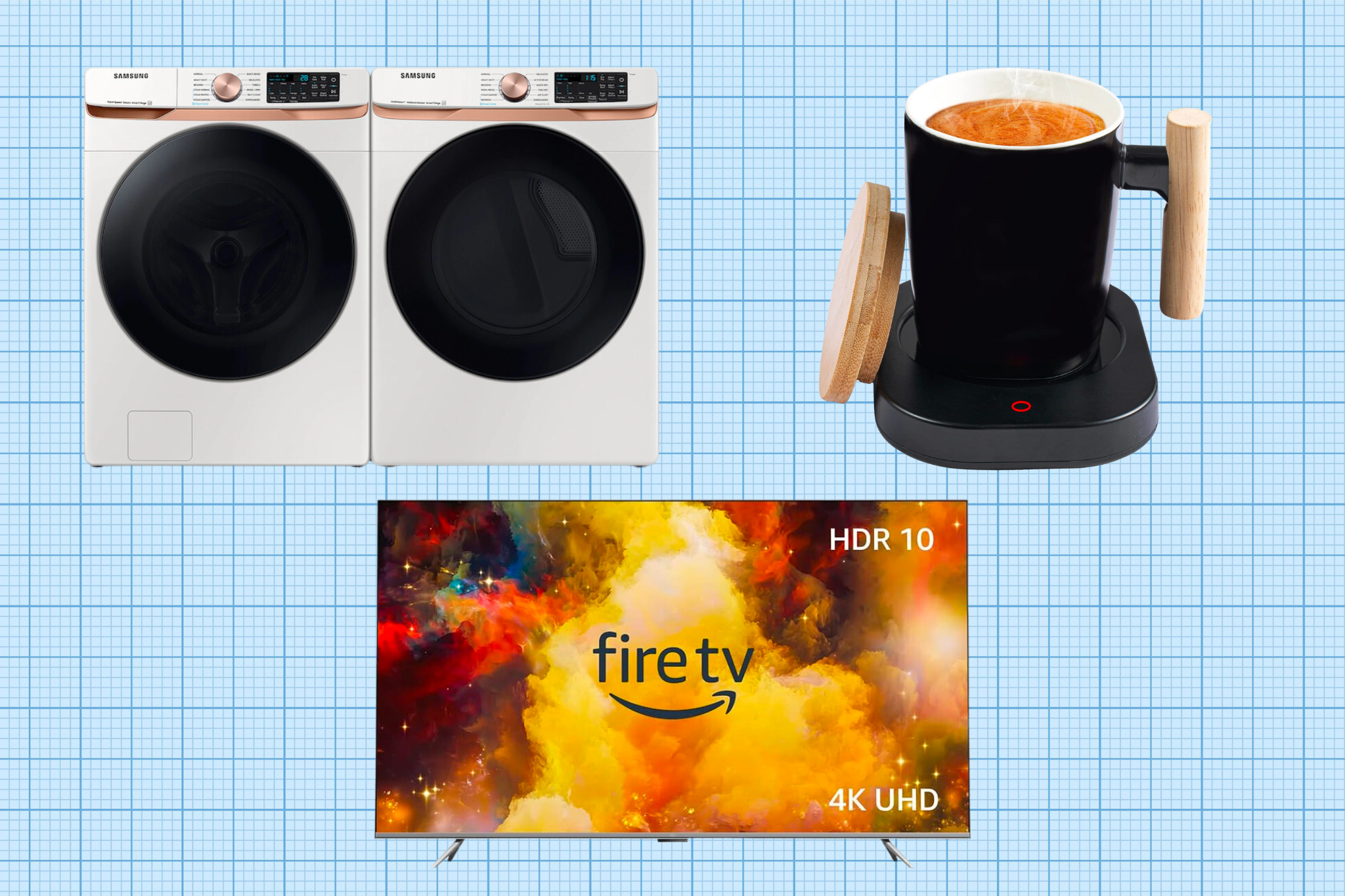 Samsung Smart Front Load Washer and Smart Gas Dryer, HOWAY Coffee Cup Warmer, and Amazon Fire TV 75" isolated on a blue grid paper background.