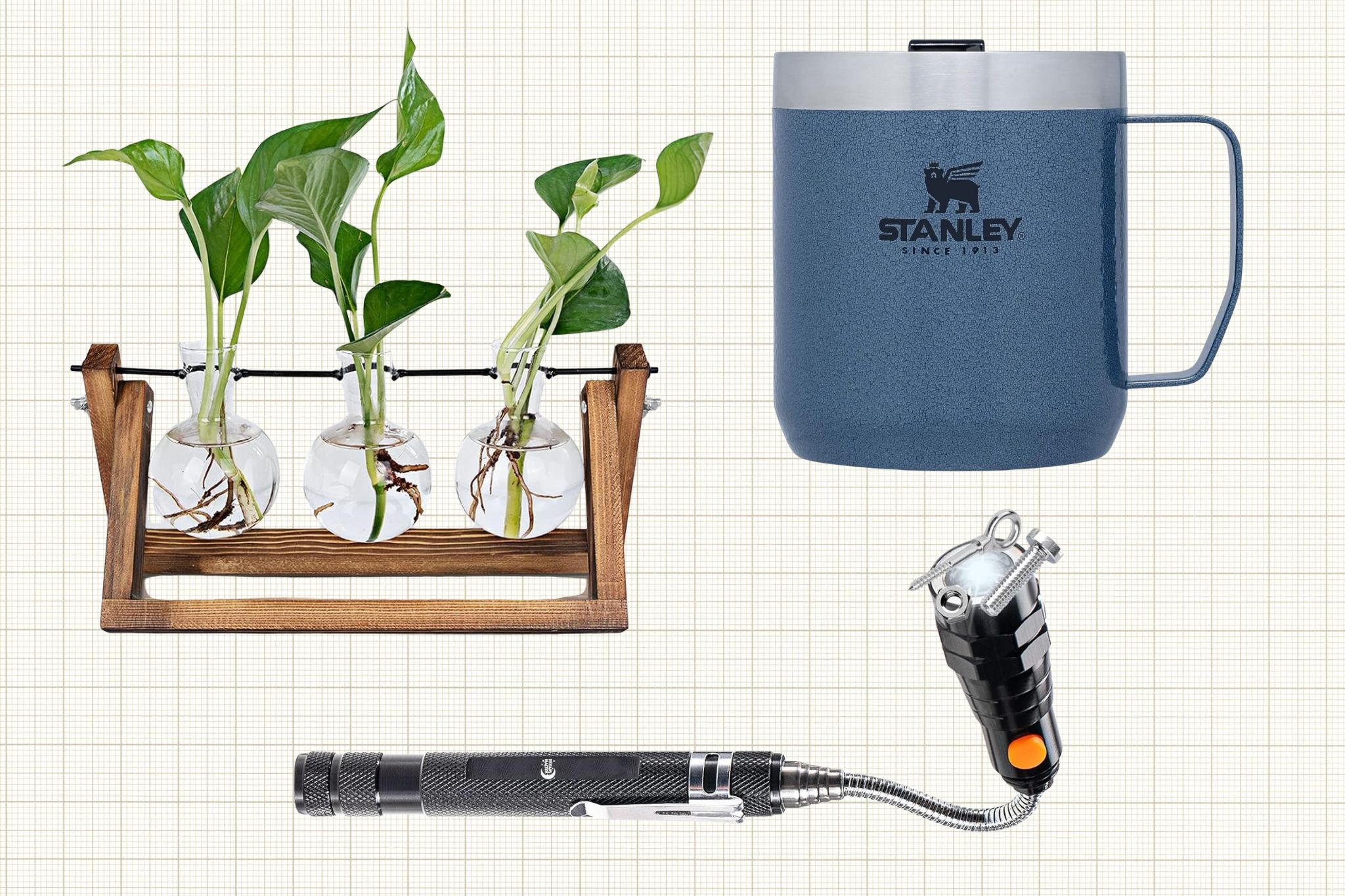 RENMXJ Plant Propagation Station, Stanley Stay Hot Camp Mug, and Dream Master Store Magnetic Pickup Tool isolated on a tan grid paper background