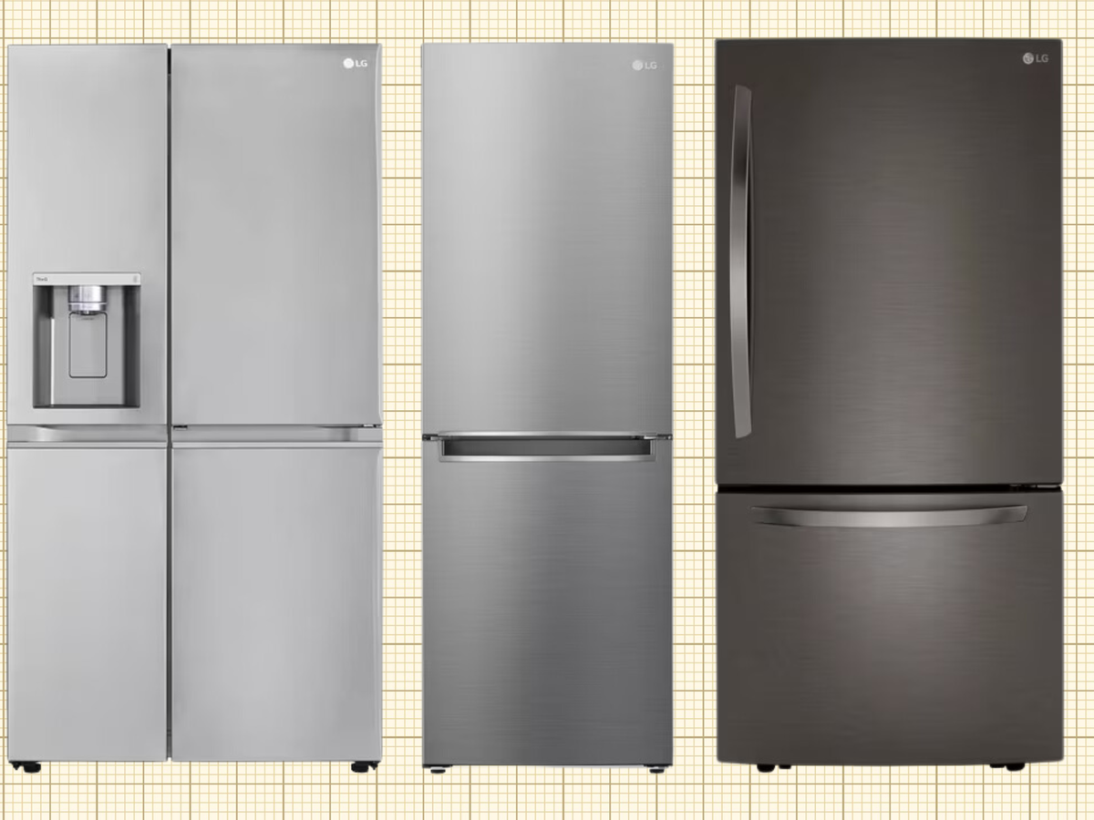 LG Bottom Freezer Refrigerator, LG Side-By-Side Door-in-Door® Refrigerator, LG 11 cu. ft. Bottom Freezer Refrigerator isolated on a yellow grid paper background