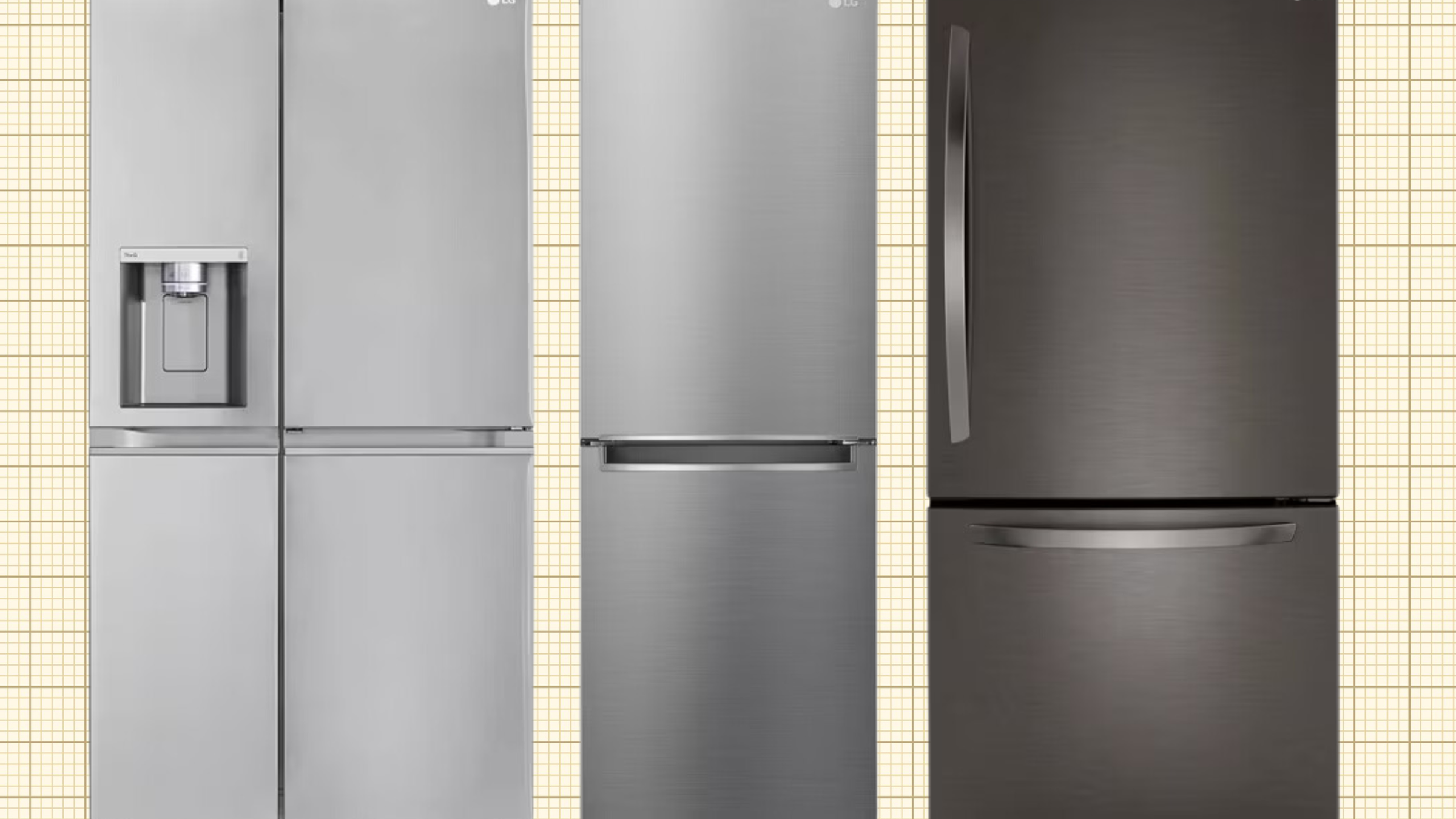 LG Bottom Freezer Refrigerator, LG Side-By-Side Door-in-Door® Refrigerator, LG 11 cu. ft. Bottom Freezer Refrigerator isolated on a yellow grid paper background