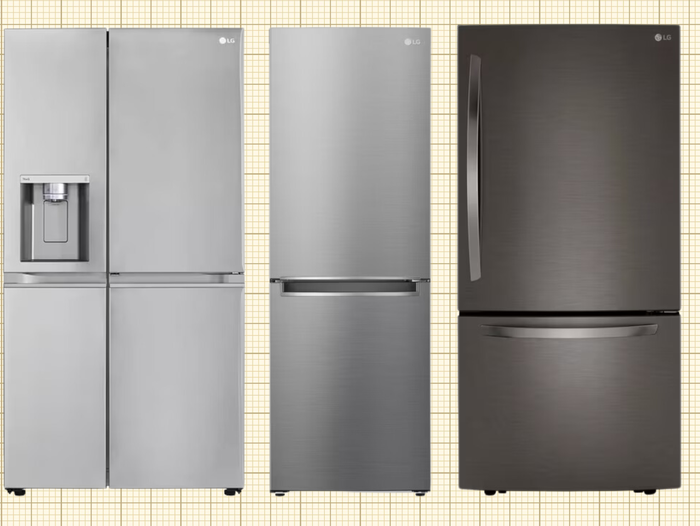 LG Bottom Freezer Refrigerator, LG Side-By-Side Door-in-Door® Refrigerator, LG 11 cu. ft. Bottom Freezer Refrigerator isolated on a yellow grid paper background