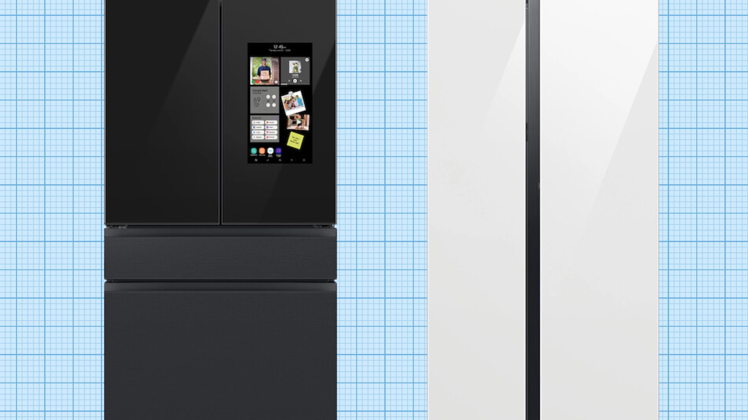 Samsung Bespoke Side-by-Side Refrigerator and Samsung Bespoke 4-Door French Door Refrigerator isolated on blue grid paper background