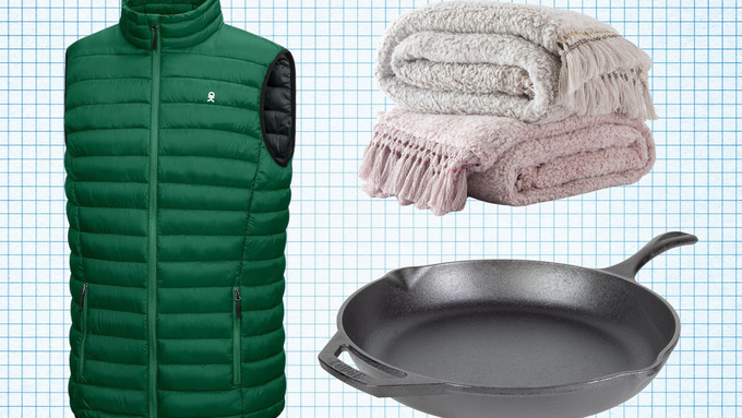 Little Donkey Andy Lightweight Puffer Vest, HORIMOTE HOME Sherpa Throw Blanket, and Lodge 12-Inch Cast Iron Skillet isolated on a grid paper background