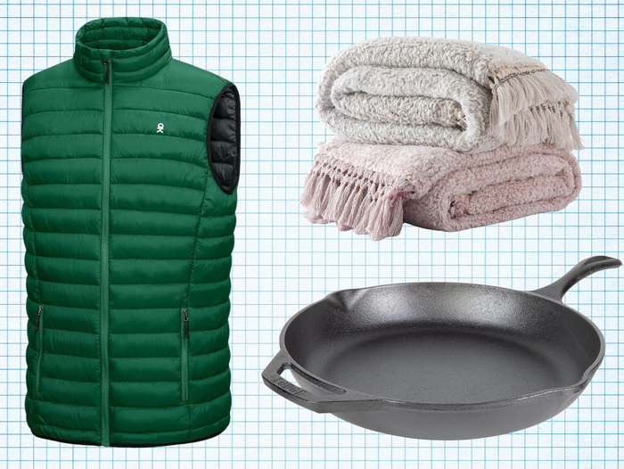 Little Donkey Andy Lightweight Puffer Vest, HORIMOTE HOME Sherpa Throw Blanket, and Lodge 12-Inch Cast Iron Skillet isolated on a grid paper background