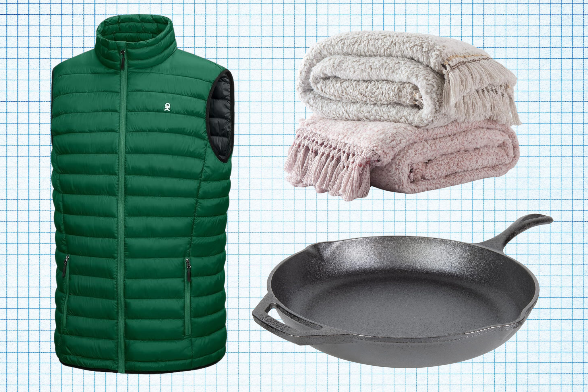 Little Donkey Andy Lightweight Puffer Vest, HORIMOTE HOME Sherpa Throw Blanket, and Lodge 12-Inch Cast Iron Skillet isolated on a grid paper background