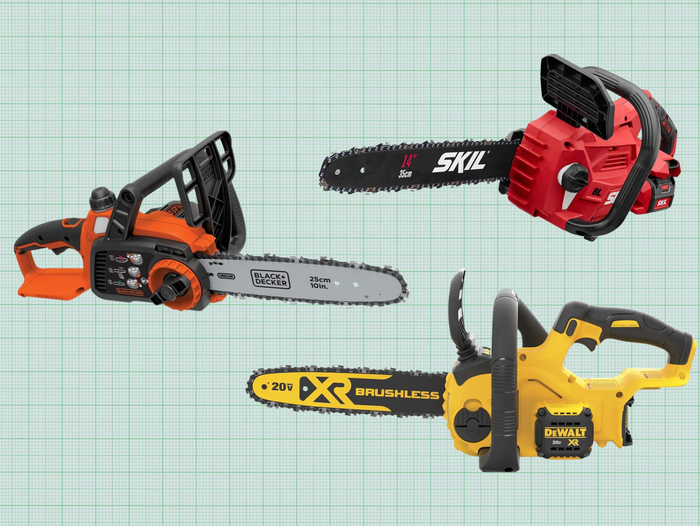 SKIL PWR CORE 40 Lightweight Chainsaw, DEWALT 20V MAX XR Chainsaw, and BLACK+DECKER 20V Max Cordless Chainsaw isolated on a green grid paper background