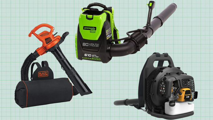 Poulan Pro PR48B Backpack Leaf Blower,Greenworks Cordless Brushless Backpack Leaf Blower, and BLACK+DECKER Electric Leaf Blower isolated on a green grid paper backgroun