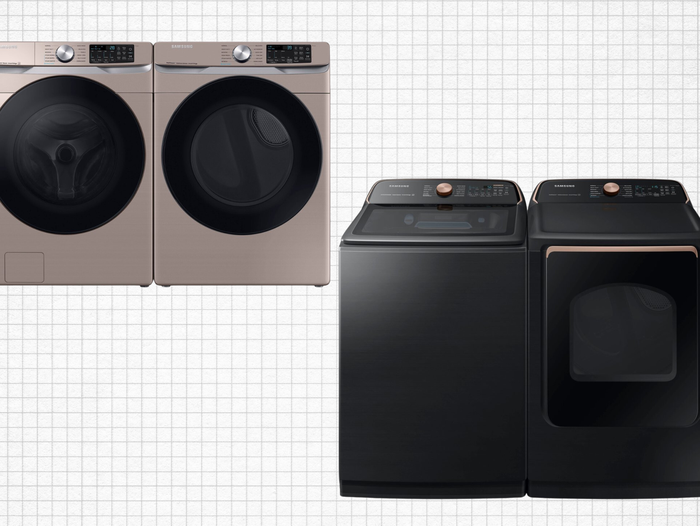 Samsung Smart Front Load Washer & Smart Electric Dryer and Samsung Top Load Smart Washer and Electric Dryer isolated on a grid paper background