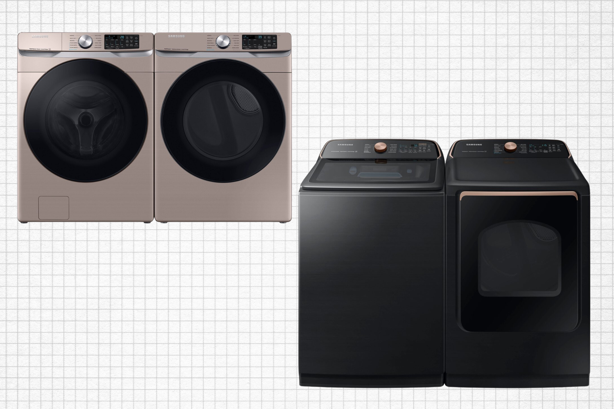 Samsung Smart Front Load Washer & Smart Electric Dryer and Samsung Top Load Smart Washer and Electric Dryer isolated on a grid paper background