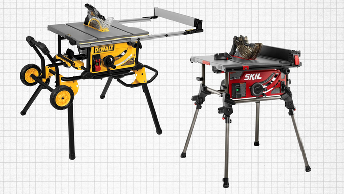 DEWALT DWE7491RS Table Saw and SKIL Portable Jobsite Table Saw isolated on a grid paper background