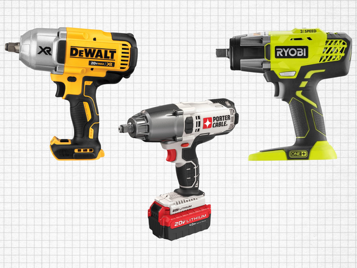 DEWALT 20V MAX Impact Wrench, PORTER-CABLE Impact Wrench, and RYOBI 18-Volt Impact Wrench isolated on a grid paper background