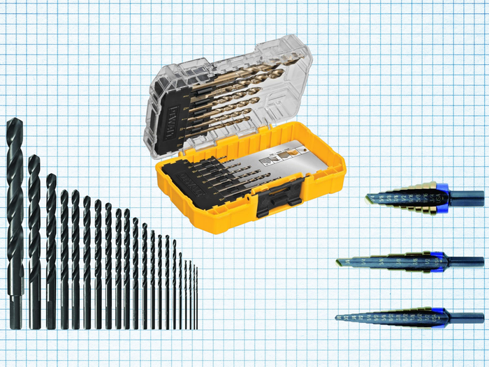 Cobalt Alloy Steel Drill Bit Set, IRWIN Step Drill Bit Set, and BOSCH BL21A Black Oxide Metal Drill Bit Set isolated on a grid paper background